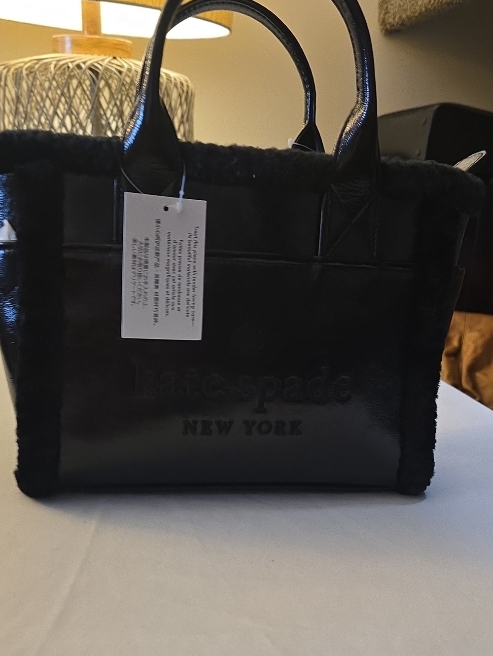 kate spade Black Faux Fur-Trim Patent Tote